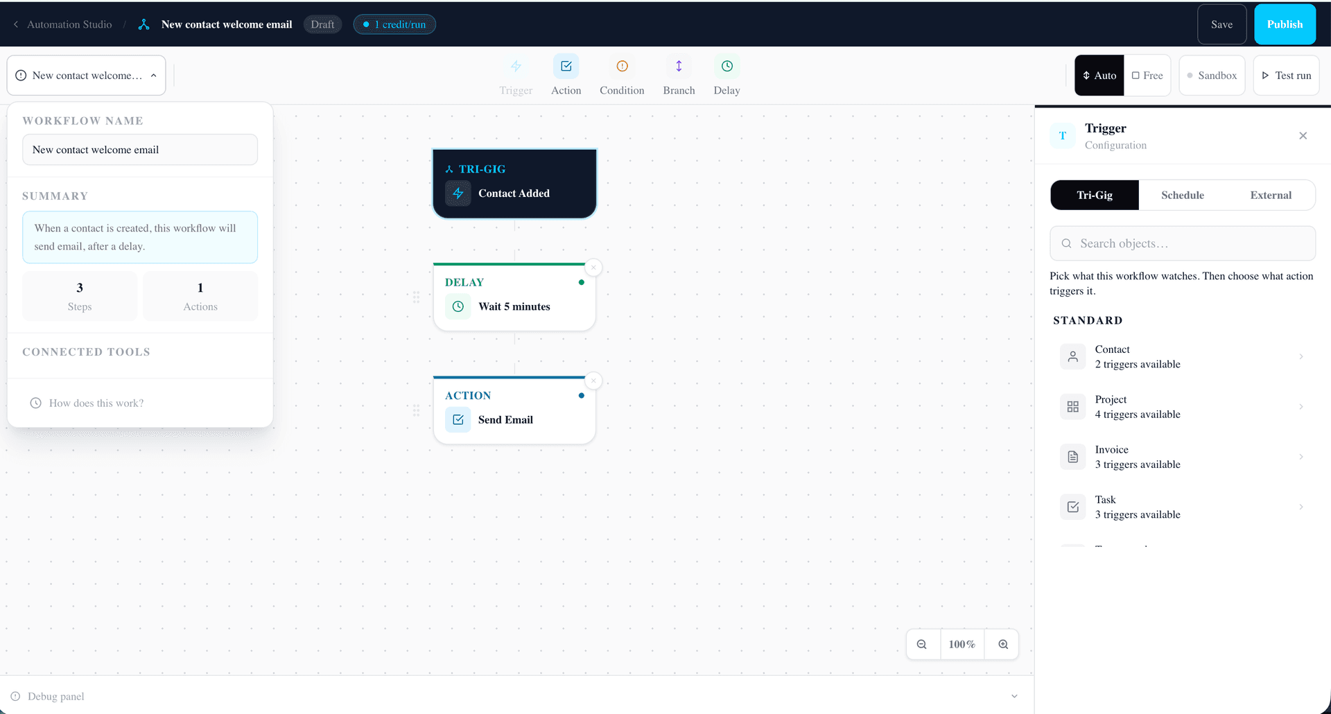 Tri-Gig Automation Studio visual workflow builder