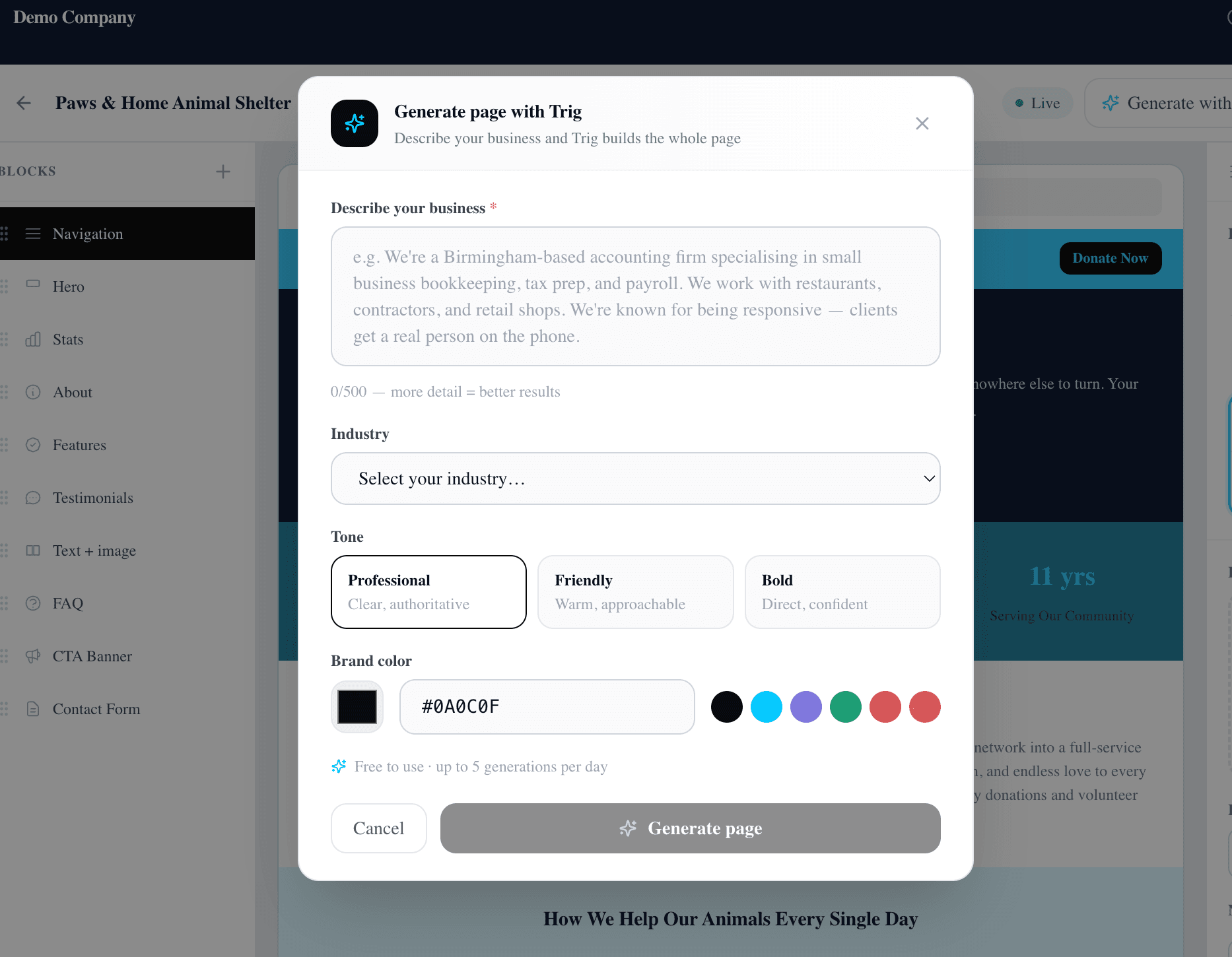 Generate page with Trig modal