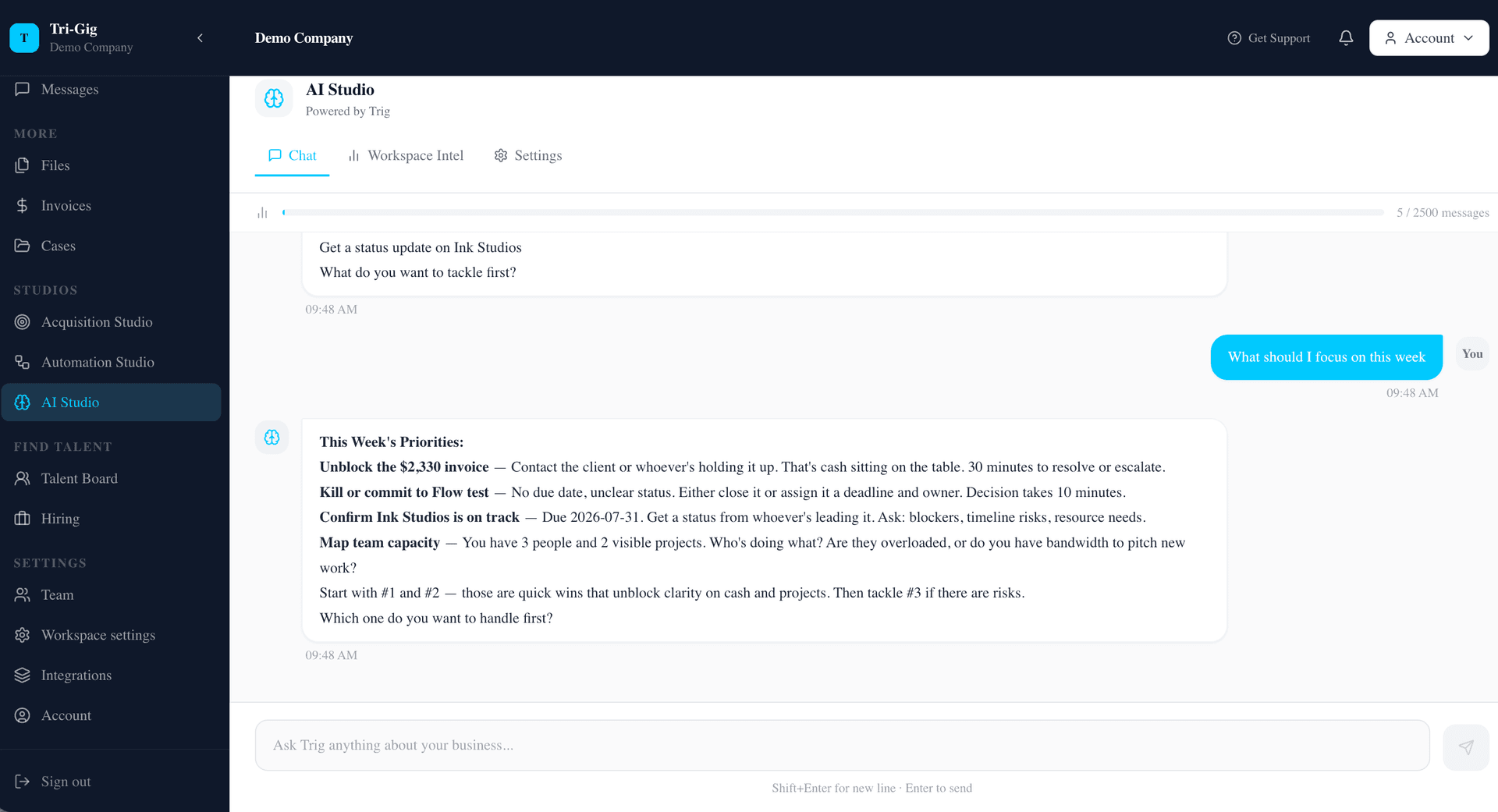 Trig AI chat showing prioritized weekly focus list